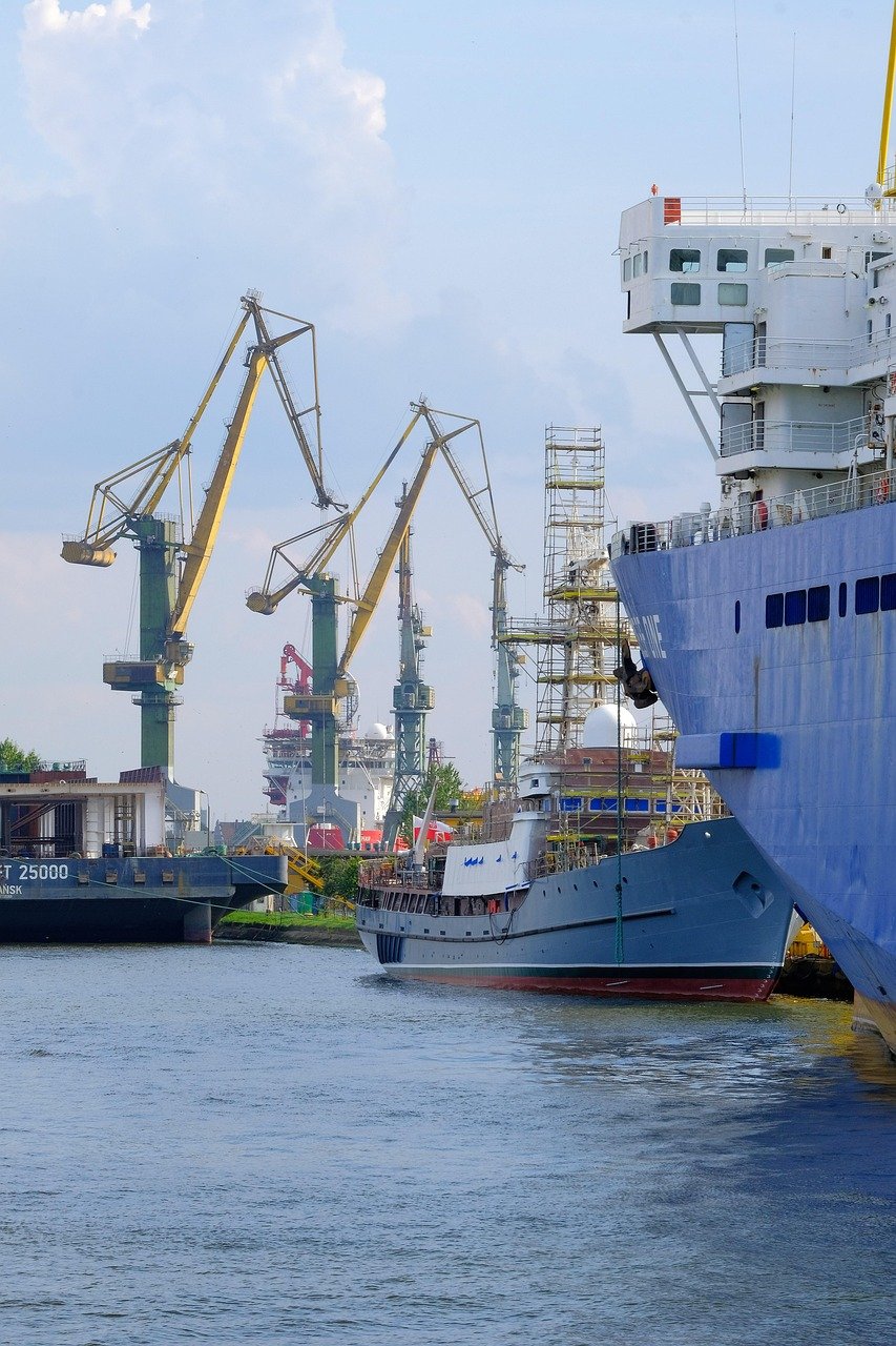 automotive shipyard, port, harbor, cranes, ships, sea, nature, ocean